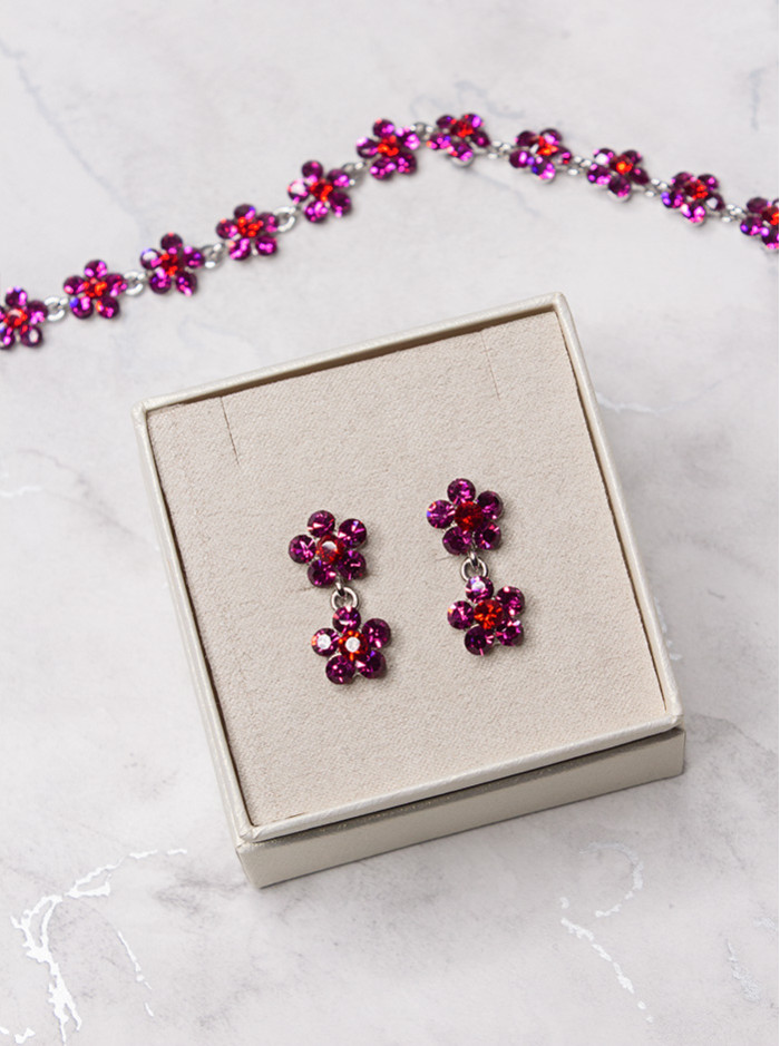 Small Daisy Crystal 2 Drop Earrings - Fuchsia / Red